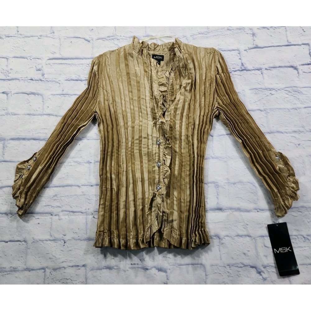 MSK Blouse Women L Gold Pleated Ruffle Metallic Crystal Button VINTAGE